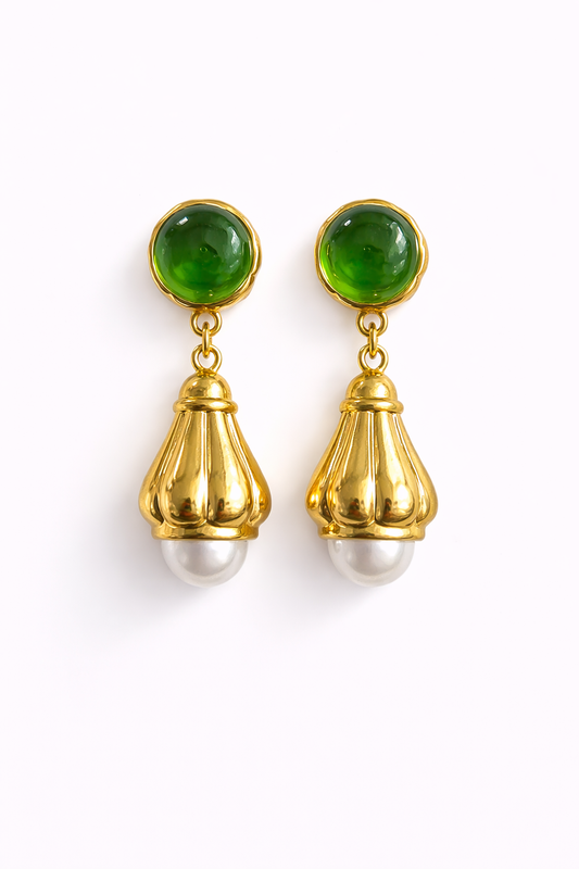Emerald Glow Pearl Drop Earrings
