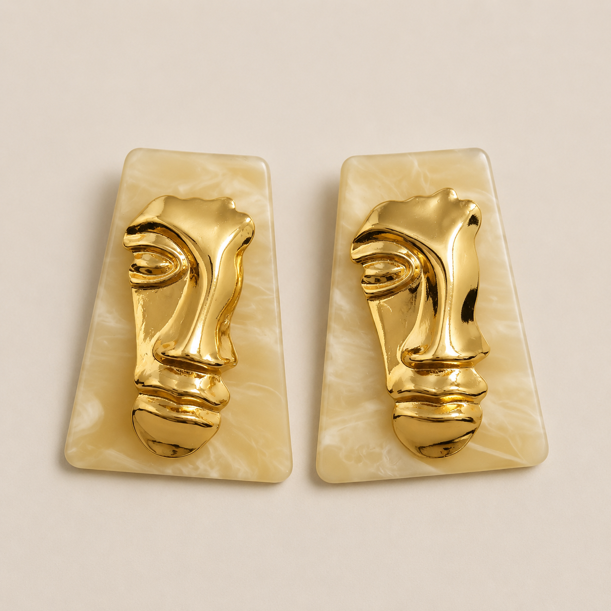 Abstract Face Statement Earrings – Ivory & Gold