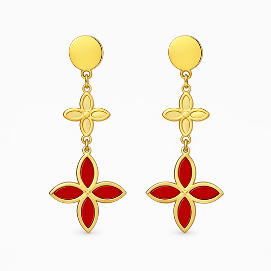 Crimson Gold Bloom Drop Earrings