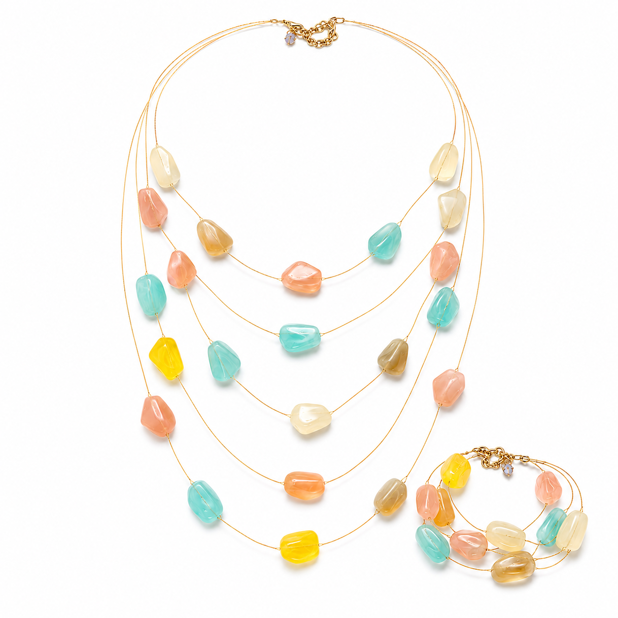 Pastel Mosaic 5-Layer Necklace & Bracelet Set