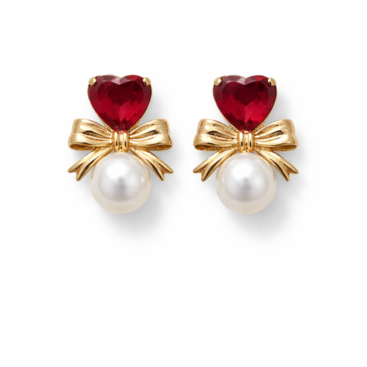Scarlet Heart Bow Pearl Earrings