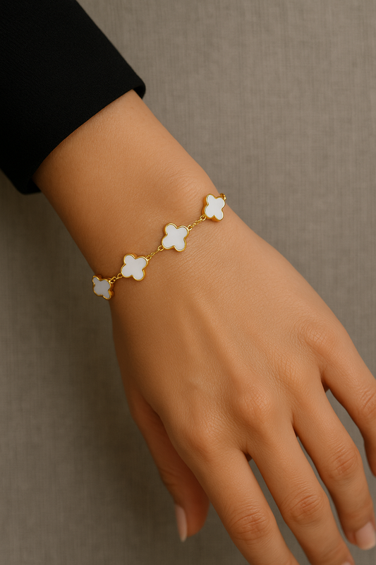 18K Gold-Plated Clover Charm Bracelet – White Enamel