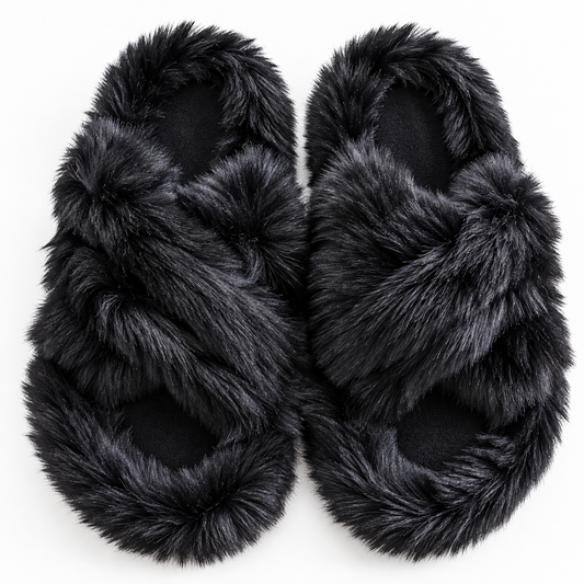 Midnight Luxe Faux Fur Slippers – Black