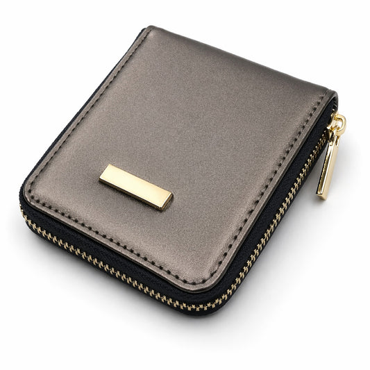 Metallic Luxe Zip Wallet – Taupe Gold Elegance