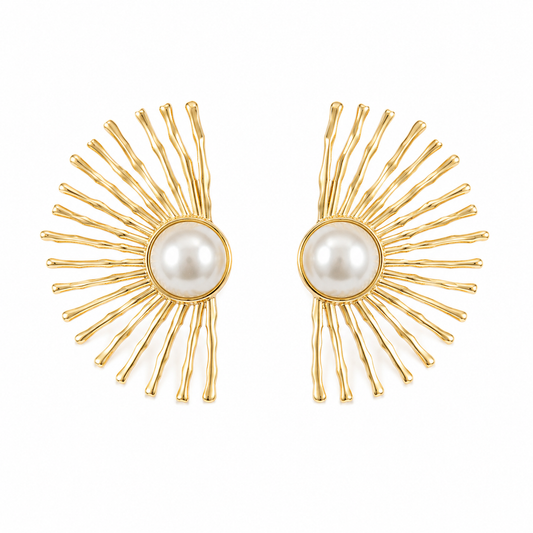 Golden Pearl Sunburst Statement Earrings