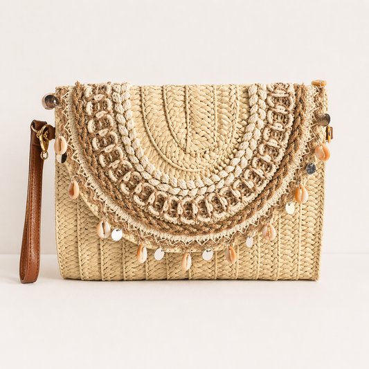 Shell Boho Raffia Clutch & Wristlet
