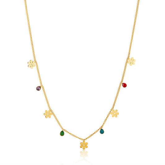 Women's Titanium Stainless Steel Flower and Gemstone Charm Necklace – Gold-Plated Chain – Hypoallergenic & Tarnish Resistant
