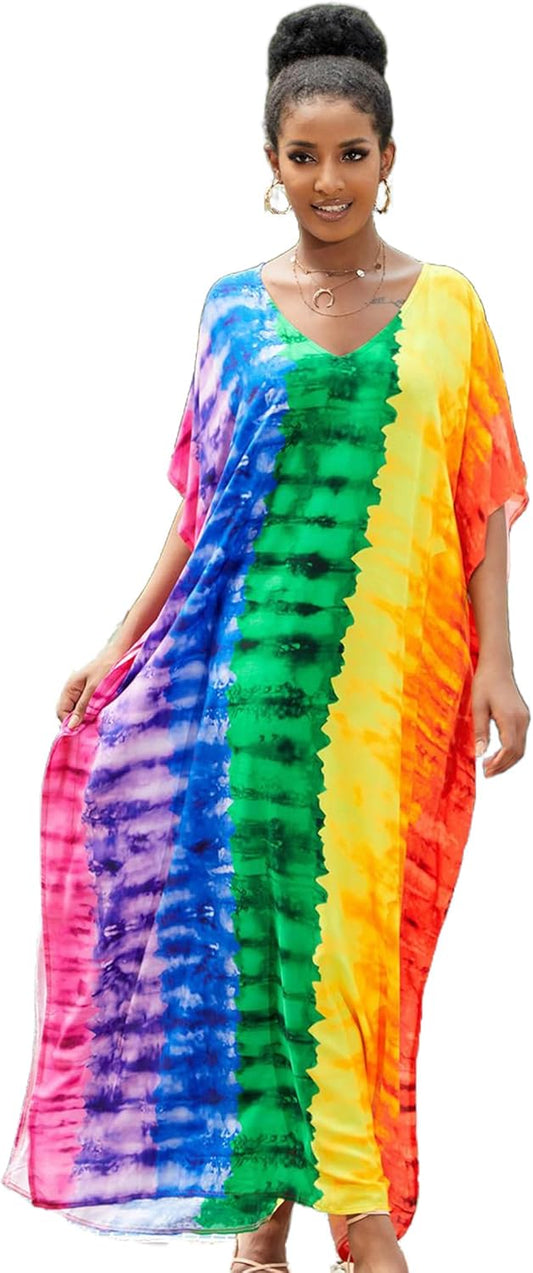 Rainbow Tie-Dye Kaftan Beach Cover-Up