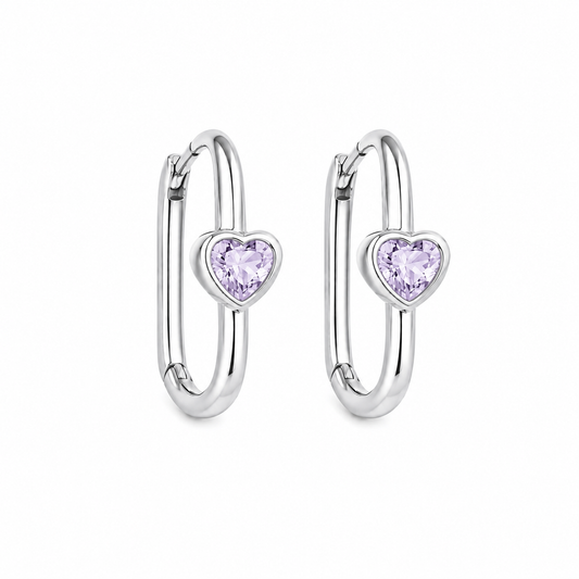 Silver Lavender Heart Hoop Earrings