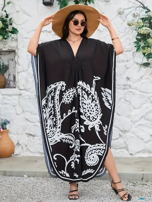 Boho Black & White Kaftan Beach Cover-Up