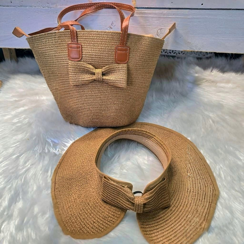 Sunkissed Bow Duo – Straw Tote & Visor Set