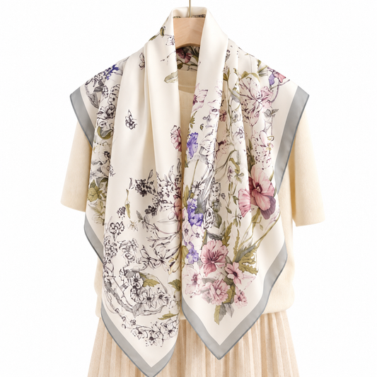 Ivory Lavender Botanical Floral Square Scarf – 90 × 90 cm