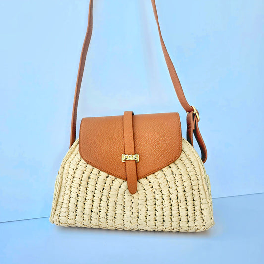 Woven Straw & Faux Leather Crossbody Bag