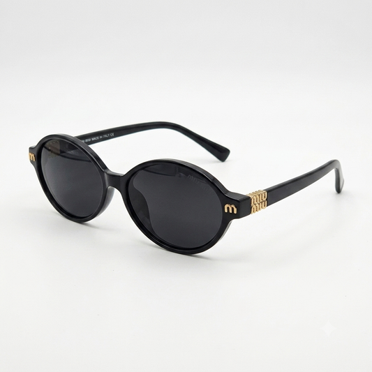 Classic Black Oval Sunglasses with Ornate Gold Hardware and Grey Gradient Lenses