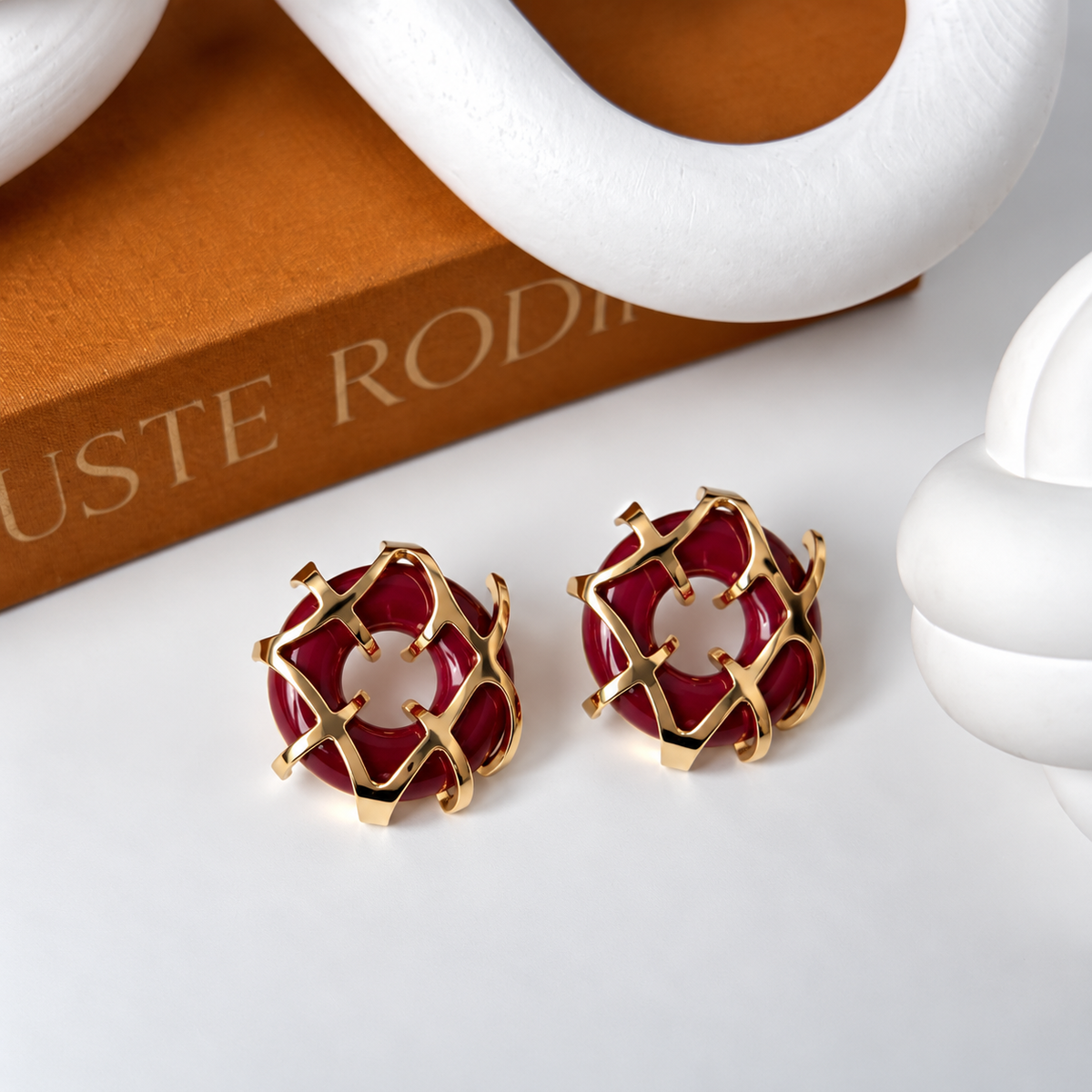 Burgundy & Gold Sculptural Statement Stud Earrings- 3 cm