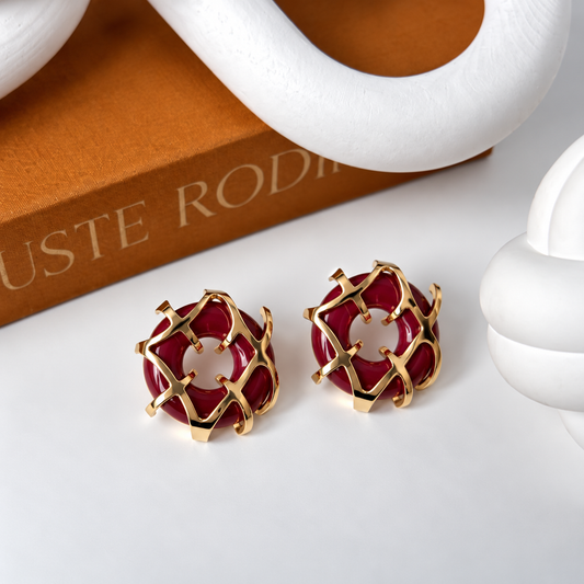 Burgundy & Gold Sculptural Statement Stud Earrings- 3 cm