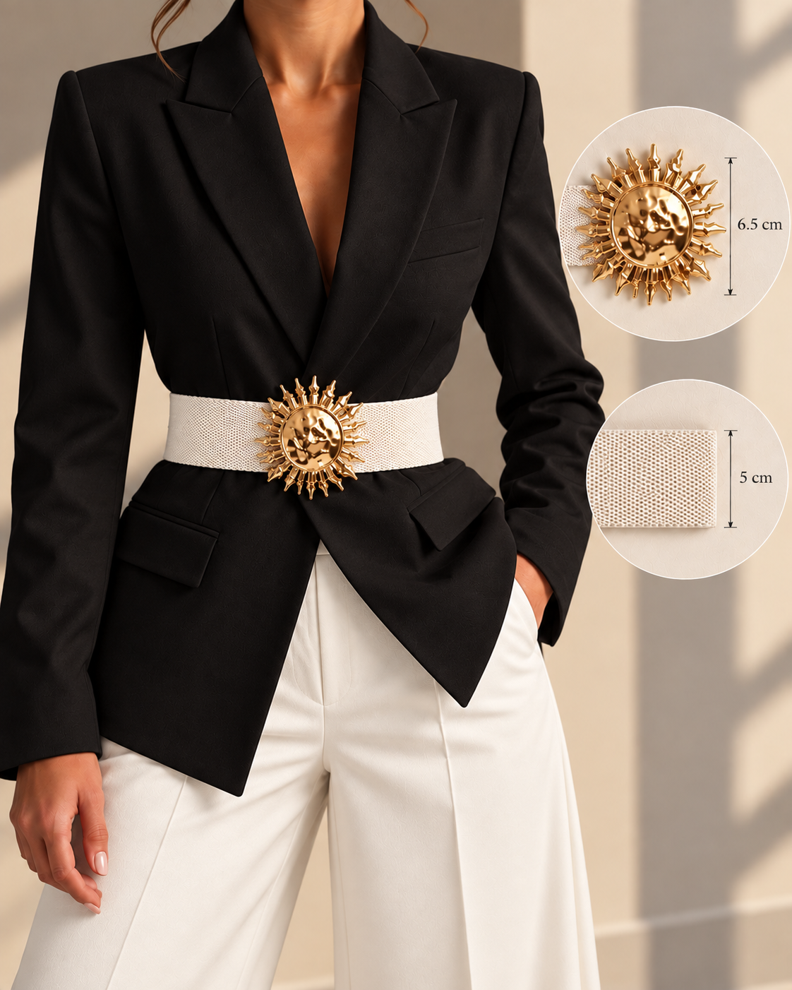Solara White & Gold Sun Elastic Belt
