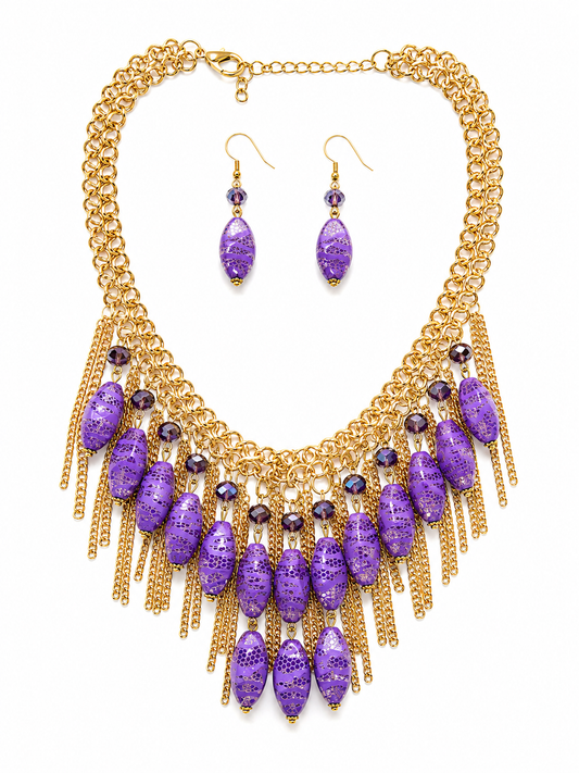 Royal Amethyst Fringe Statement Necklace Set