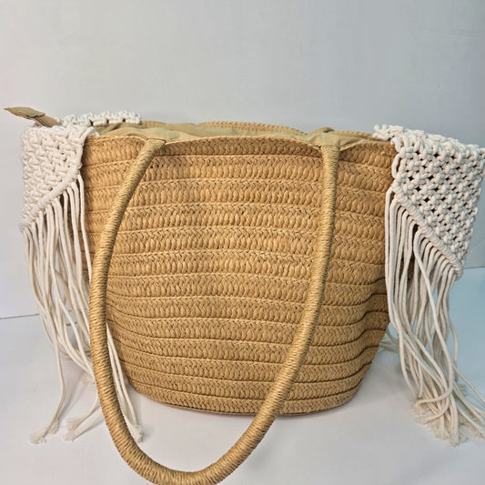 Braided Straw Tote with Macramé Fringe Detail