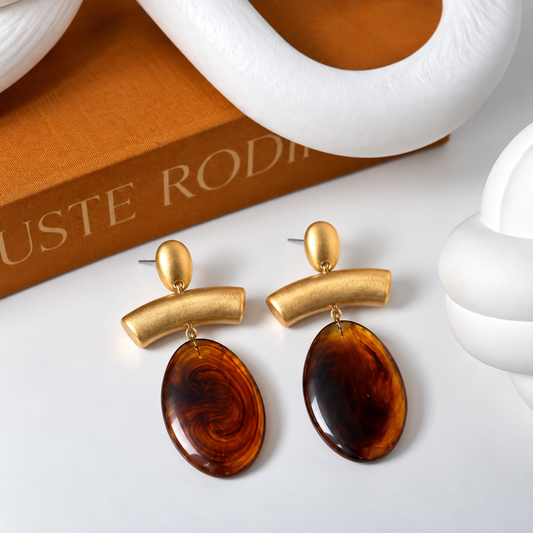Tortoiseshell Brown Oval Drop Earrings with Brushed Gold – 7 cm