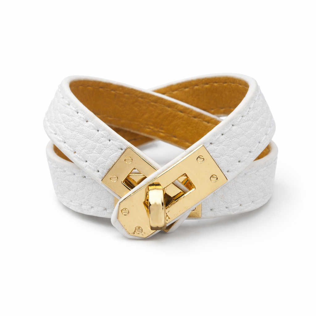 Luxe Double Wrap Leather Bracelet – Gold Lock Edition (White)