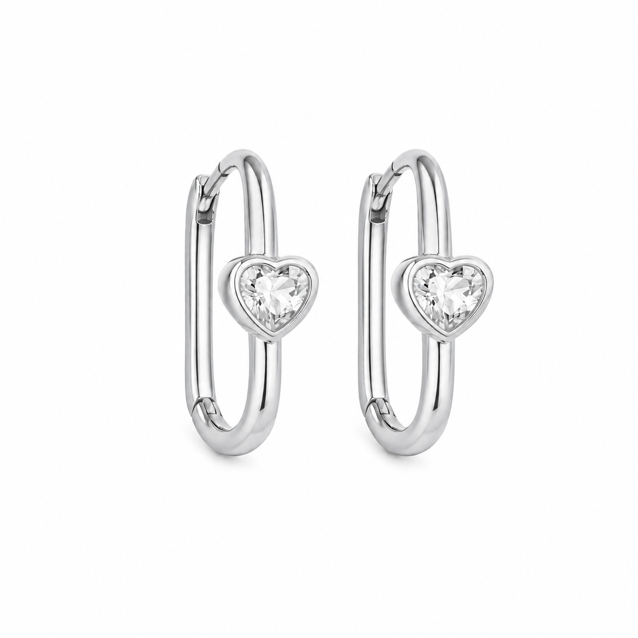 Silver Crystal Heart Hoop Earrings