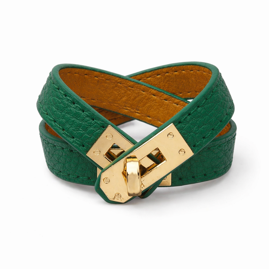 Luxe Double Wrap Leather Bracelet – Gold Lock Edition (Emerald Green)