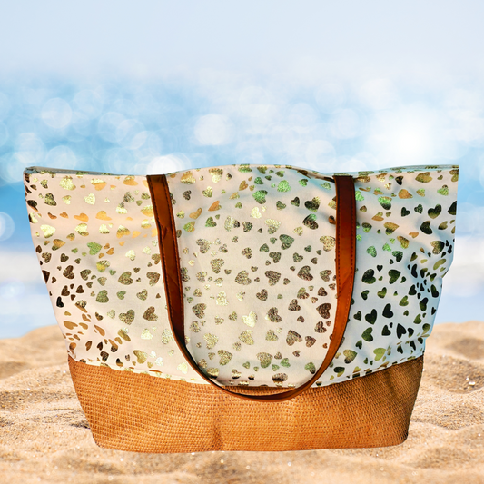 Gold Heart Print Jute Tote Bag