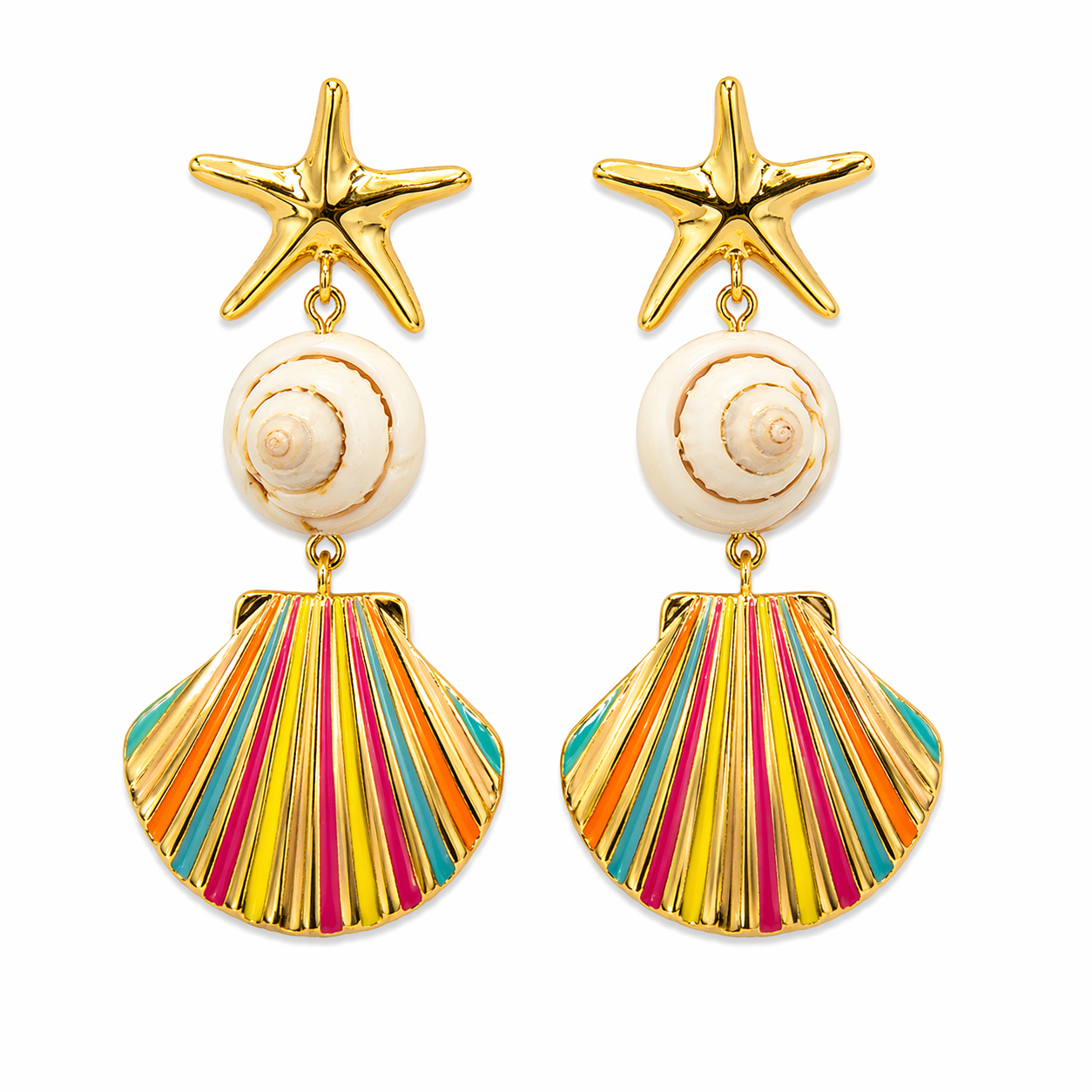 Starfish & Rainbow Shell Drop Earrings – Ocean Statement Luxe