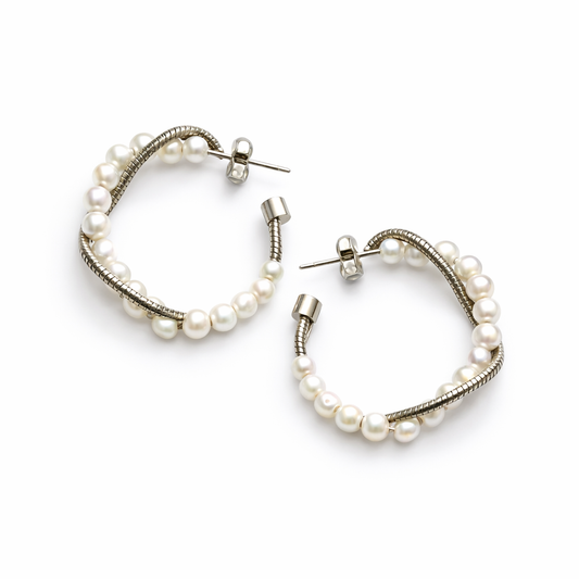 Pearl Twist Silver Hoop Earrings