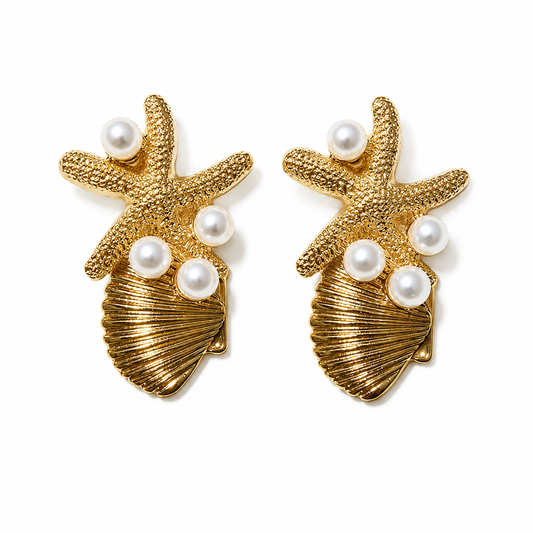 Golden Pearl Starfish Statement Earrings