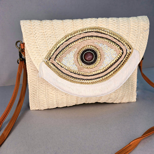 Embroidered Evil Eye Straw Crossbody Bag