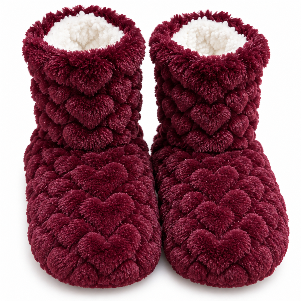 Burgundy Heart Plush Bootie Slippers