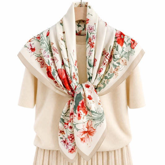 Ivory Botanical Floral Print Square Scarf – 90 × 90 cm