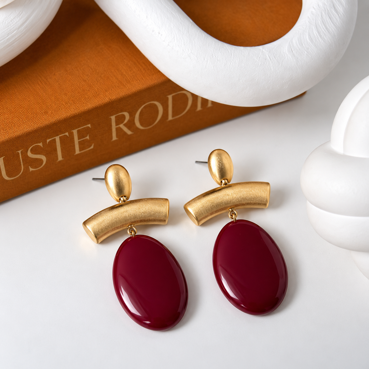 Burgundy Oval Drop Earrings with Brushed Gold - 7 cm
