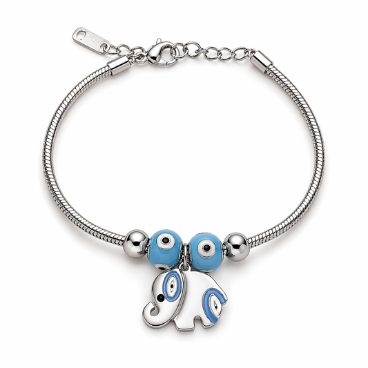 Evil Eye Elephant Charm Silver Bracelet