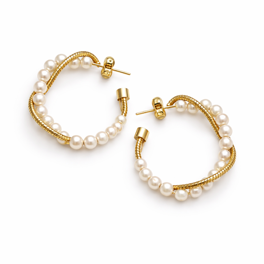 Golden Pearl Twist Hoop Earrings