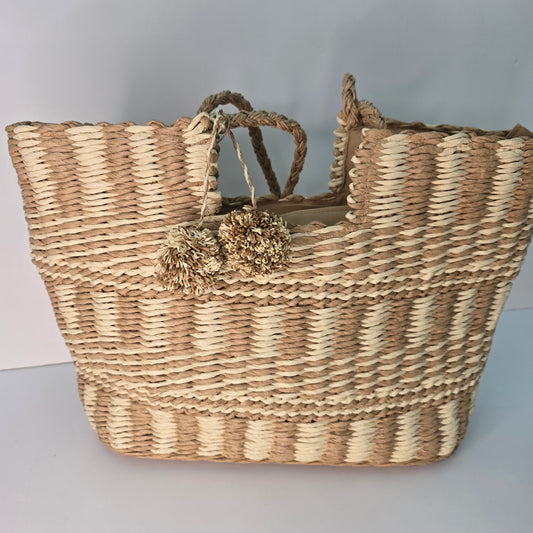 Striped Woven Palm Tote with Pom-Pom Charms
