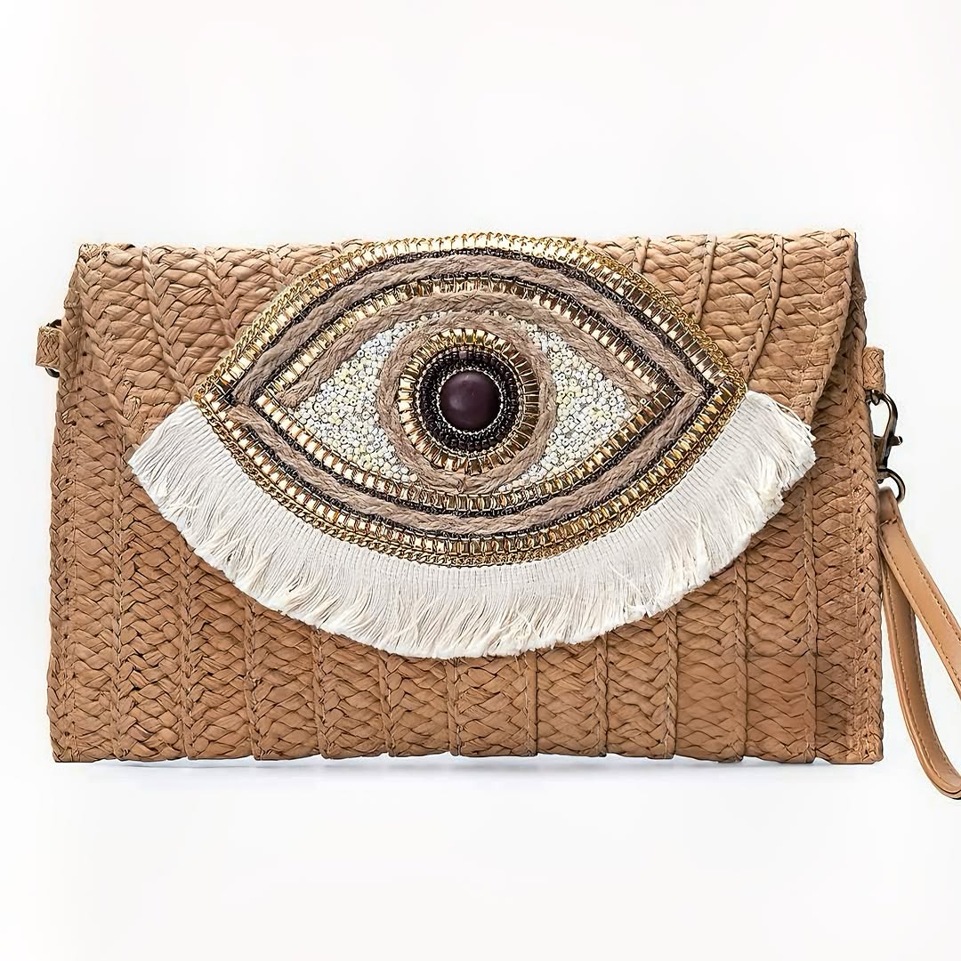 Embroidered Evil Eye Straw Crossbody Bag