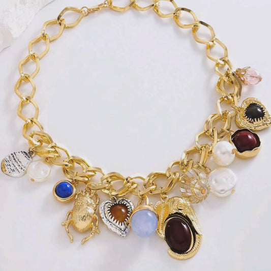 Gold Chunky Charm Necklace – Eclectic Vintage-Inspired Statement