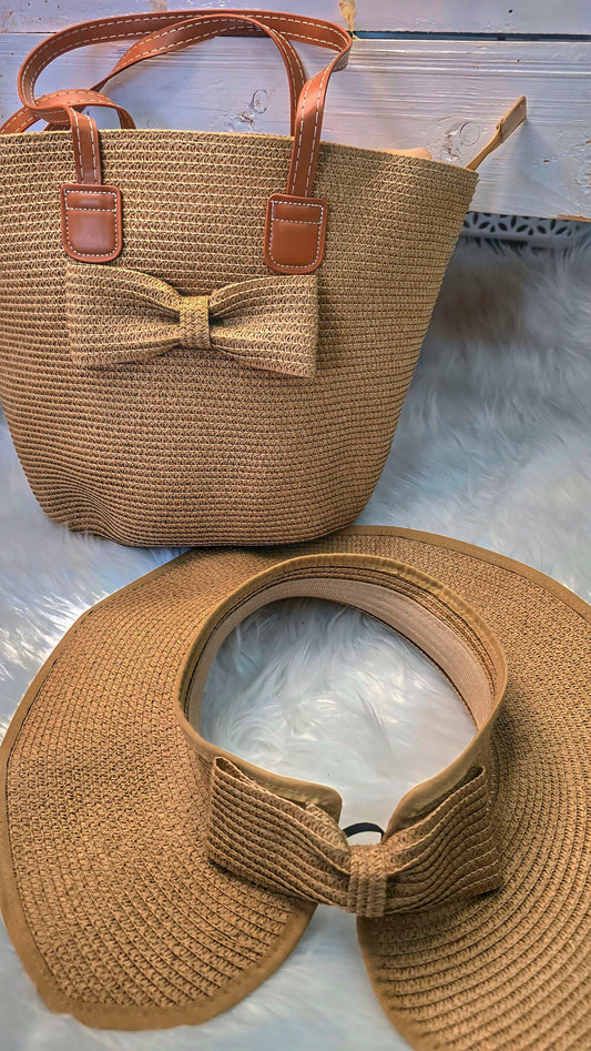 Sunkissed Bow Duo – Straw Tote & Visor Set
