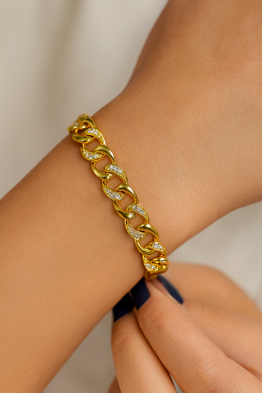 18K Gold-Plated Cuban Link Bracelet with Crystals