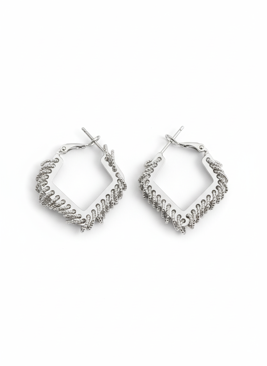 Silver Woven Geometric Hoop Earrings