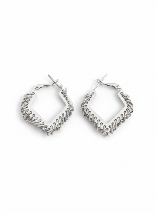 Silver Woven Geometric Hoop Earrings