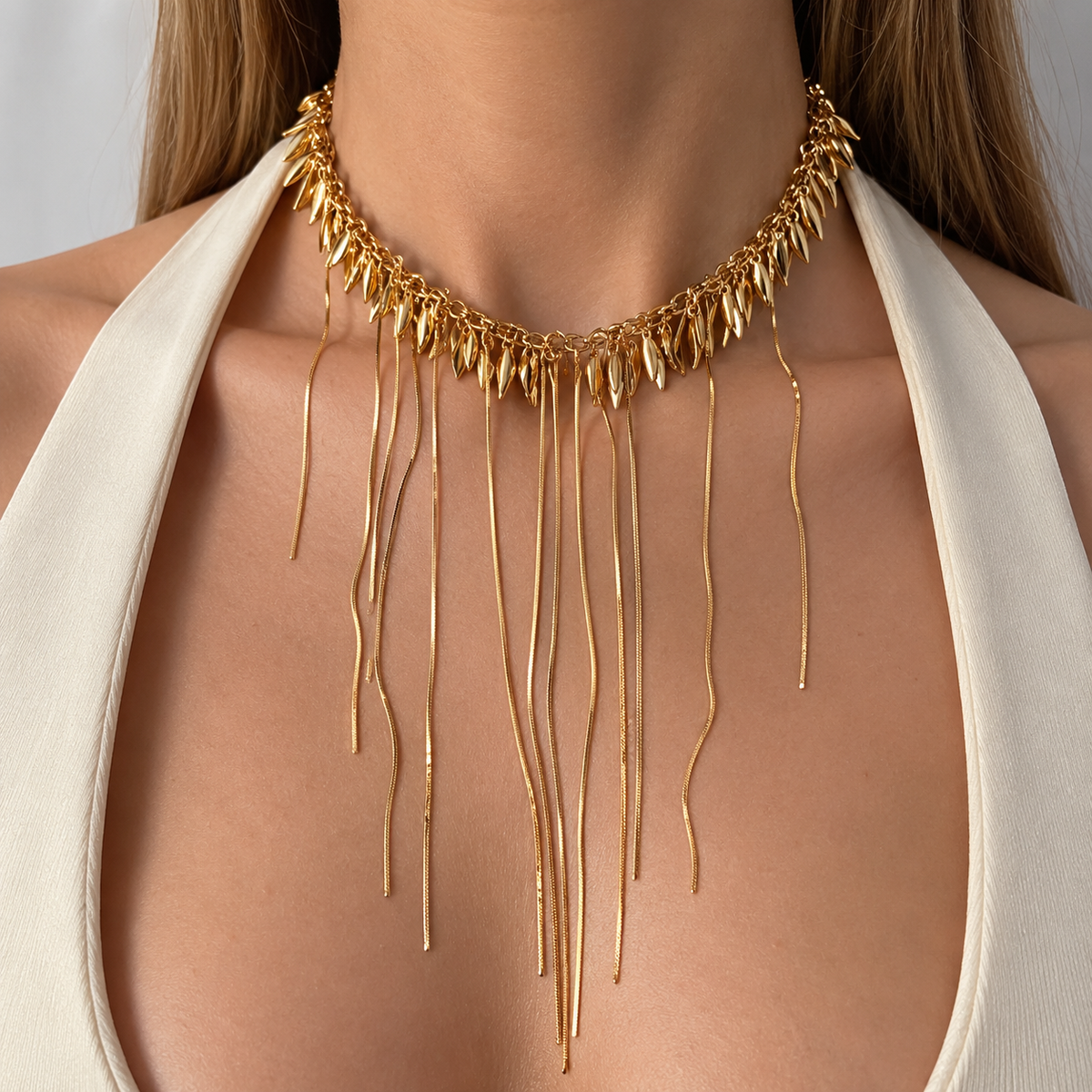 Golden Fringe Statement Necklace