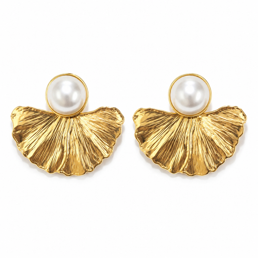 Golden Ginkgo Pearl Statement Earrings