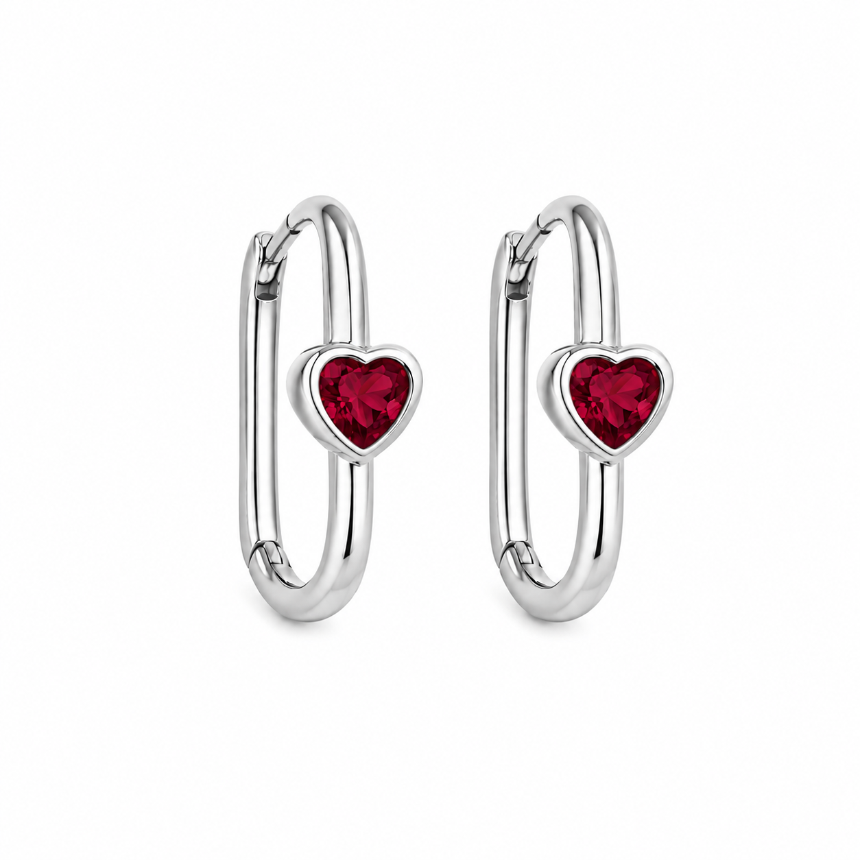 Silver Ruby Heart Hoop Earrings