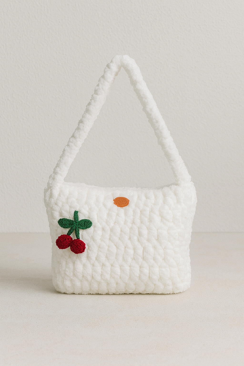 Handmade White Plush Cherry Crochet Bag