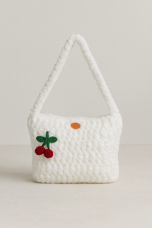 Handmade White Plush Cherry Crochet Bag