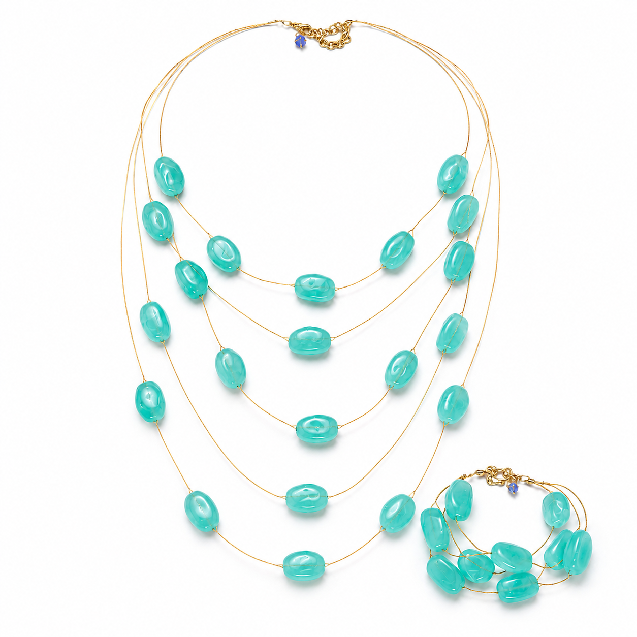 Aqua Cascade 5-Layer Necklace & Bracelet Set